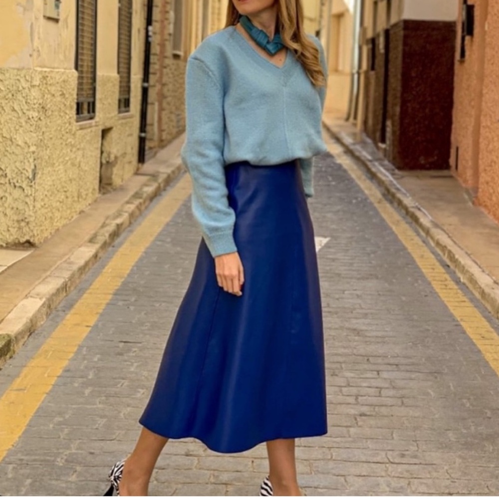 Zara Faux Leather Midi Skirt in Blue